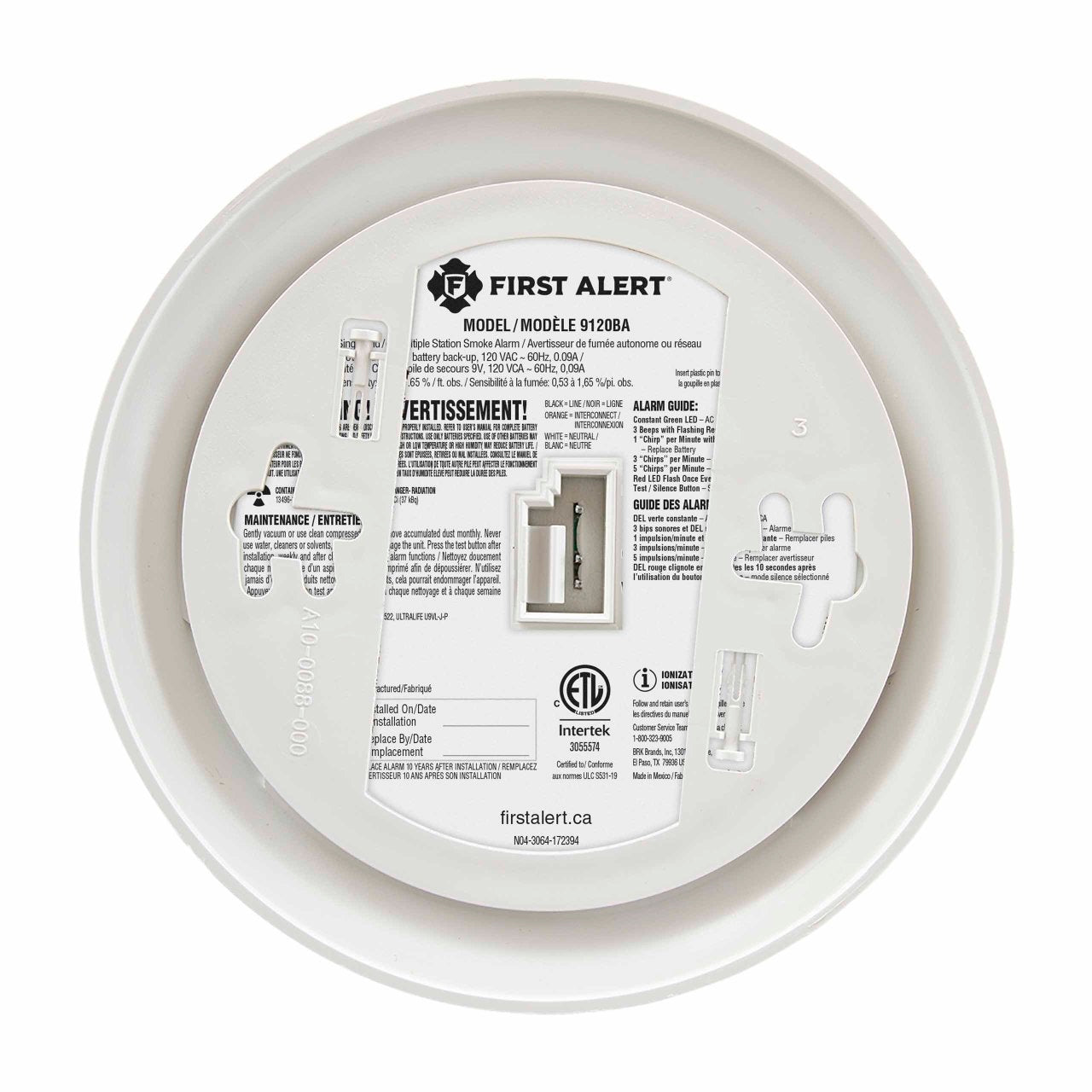 9120BA Hardwired Ionization Smoke Alarm With Battery Backup