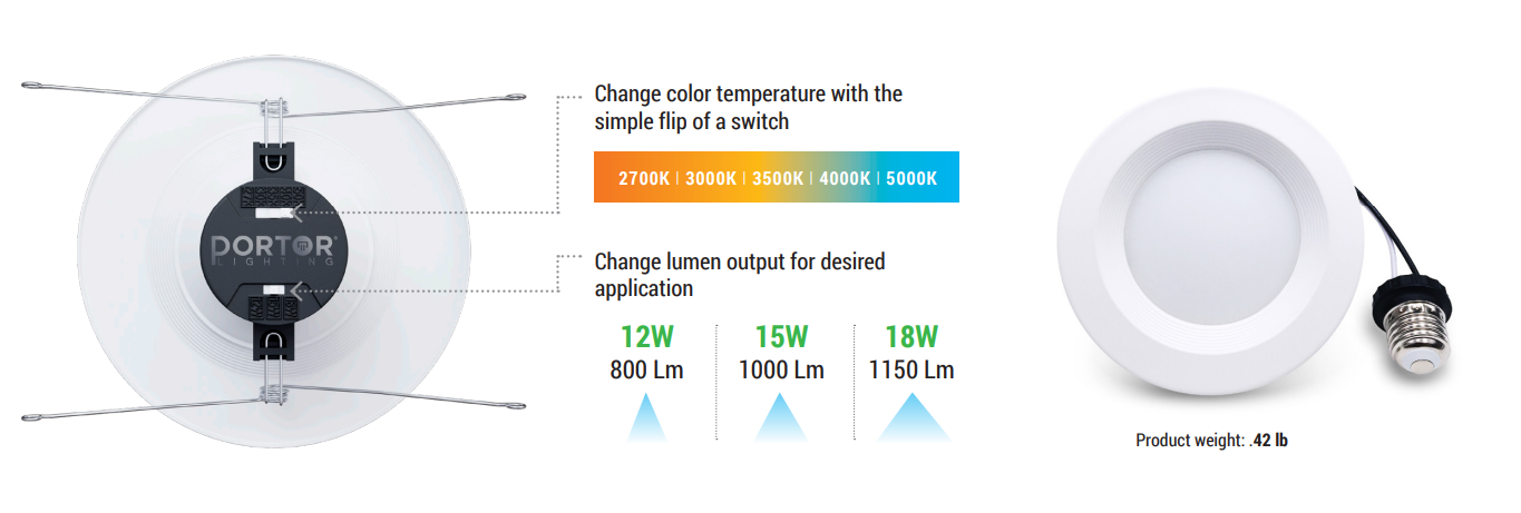 Portor 6” LED Baffle Retrofit Recessed Downlight with 5CCT and Wattage Selector